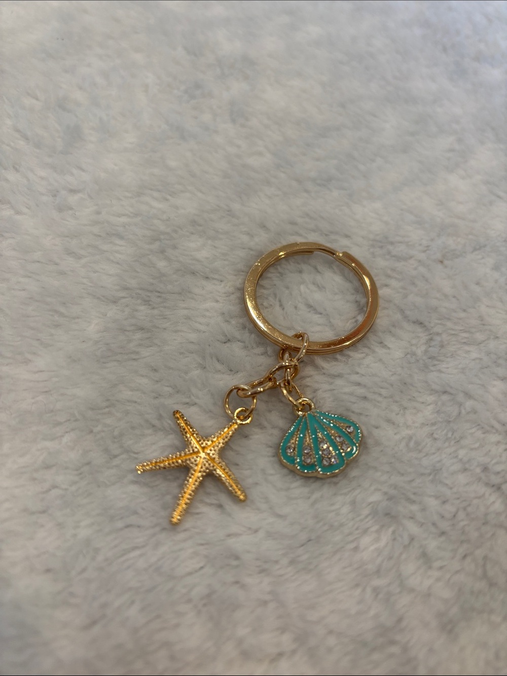 Gold Toned Starfish & Turquoise Shell Beach Ocean Sea themed Keychain NWT